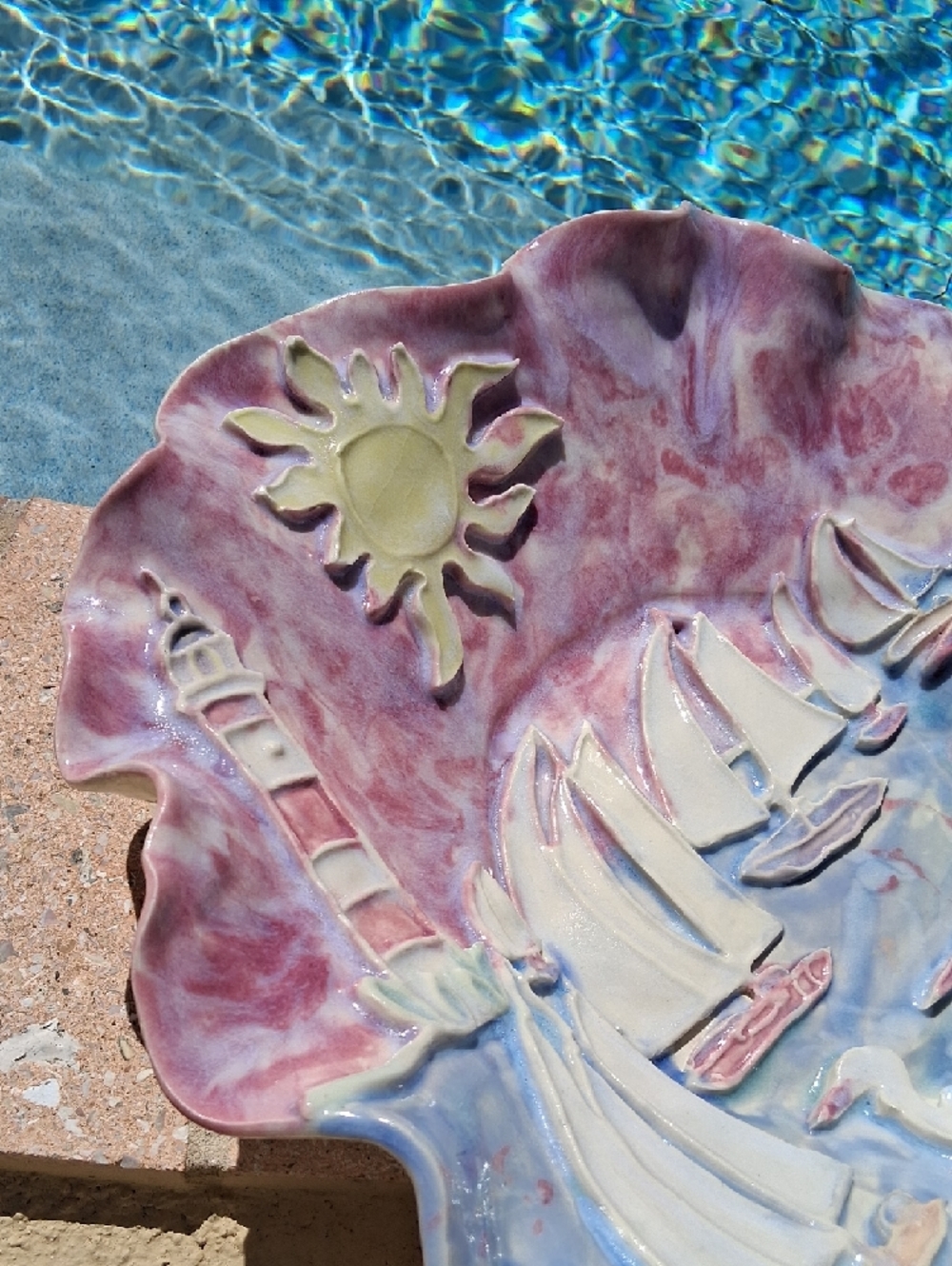 Unique 3D Handcrafted Coastal Ceramic Center Bowl Art W/Pastel Sea Life Theme. - Picture 2 of 15